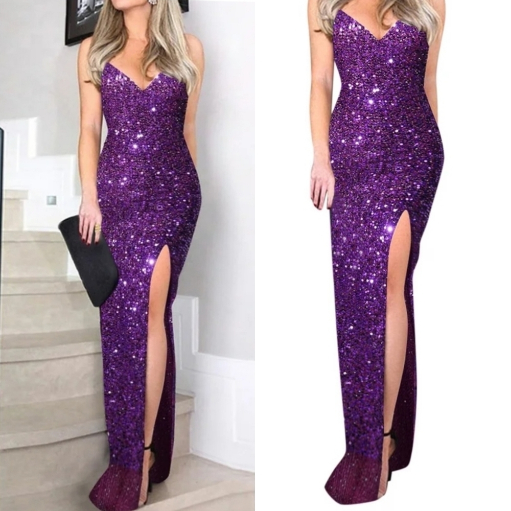 Women’s Purple Mermaid Fit Prom Formal Dress Sparkly Sequins Leg Slit, Sz 8 NWOT